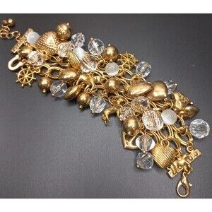 Charm bracelet Triple Chain Construction Massive Charms! Horse, Puffy Hearts+